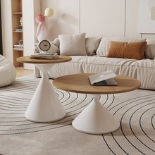 奶油风实木茶几家用客厅小户型圆形新款网红创意岩板可移动小桌子