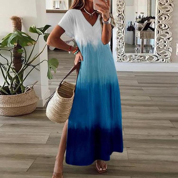 Creative 2021 summer casual elegant women's pullover short sleeve V-neck large swing dress first-hand supply