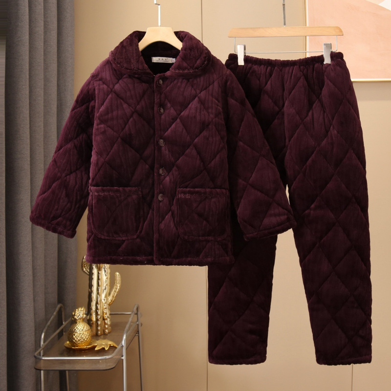 겨울 잠옷 3 층 퀼트 기모 두꺼운 산호 양털 세트 플러스 사이즈 엄마 파자마 홈 옷 세트 외복
