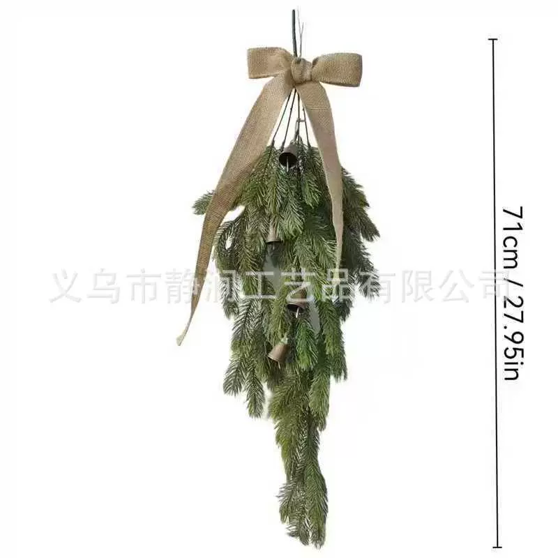 PE松针倒挂水滴圣诞树铃铛麻布蝴蝶结人造悬挂花环家居楼梯装饰藤