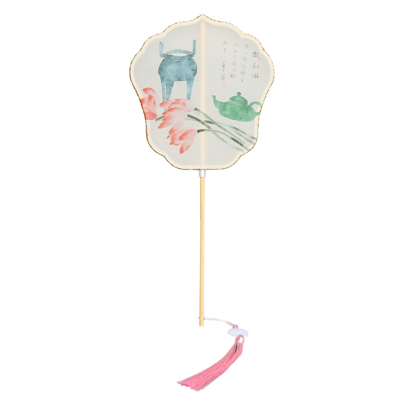 Ventilador de la cintura estilo antiguo hanfu ventilador de impresión al por mayor cheongsam ventilador de la cintura mango largo borla rizado ventilador colgante mango largo ventilador de bambú púrpura