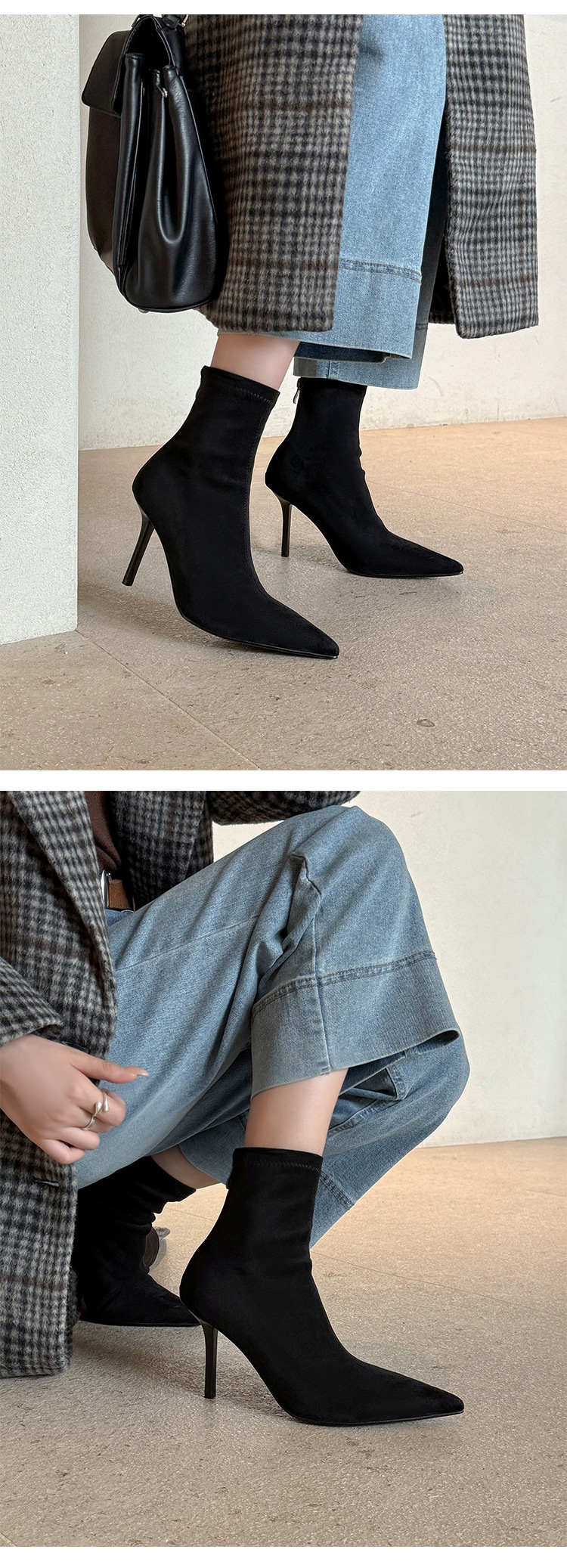 Boot nữ cổ cao ôm chân mũi nhọn gót siêu cao da lộn Thu Đông 2025 — Lớp lót đơn kaki ống cao, Lớp lót nhung kaki ống cao, Lớp lót nhung đen ống cao, Lớp lót nhung kaki trên đầu gối chi tiết 49