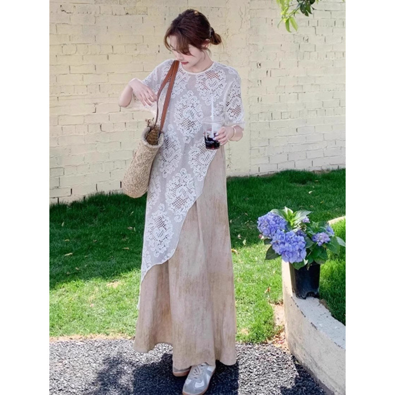 2025年初夏着用大きいサイズ婦人服フレンチレイヤードスーツサスペンダースカート太ったmmお腹カバーレースドレス|undefined