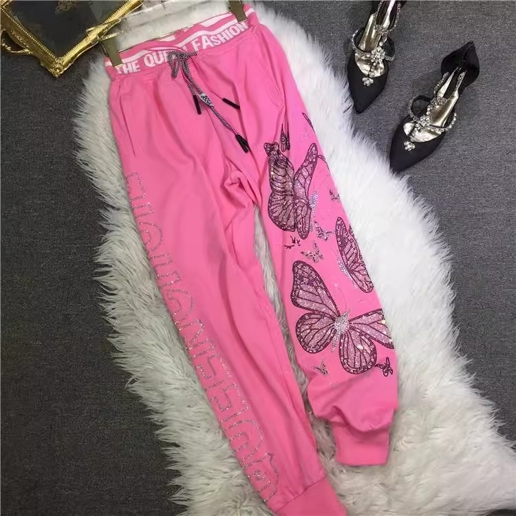 Dameskleding fat m heavy hot diamond joggingbroek vlinder hoge taille afslankende been sport herfst en winter dames lange broek_voghion.com