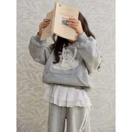 女童韩版洋气套装儿童秋冬款卡通连帽衫时髦拼接蕾丝边长裤两件套