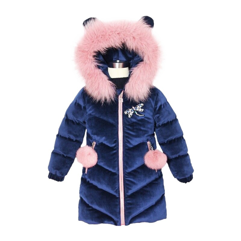 Invierno nuevo tipo de chaqueta de algodón de niñas coreana mediana y grande Tong Li terciopelo grueso mediano y largo libélula plumón chaqueta de algodón de moda