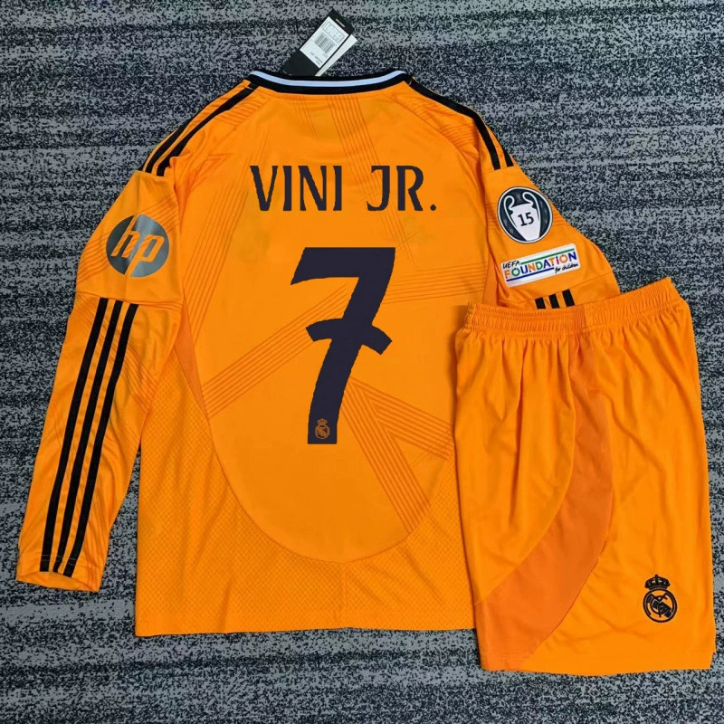 Футбольная форма Real Madrid выездная оранжевая с длинным рукавом 24/25 с номером Беллингем Бапеpvinius Валверде