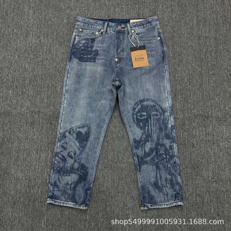 Dropshipping Evisu High-Quality Men's Mid-High Waist Floral Embroidered Fashion Jeans 9/10 Length Pants