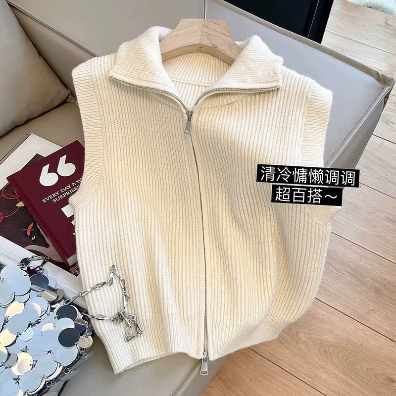 Академический стиль ретро-воротник с плечом трикотажный жилет женский осенний новый дизайн минималистский свитер на молнии свитер