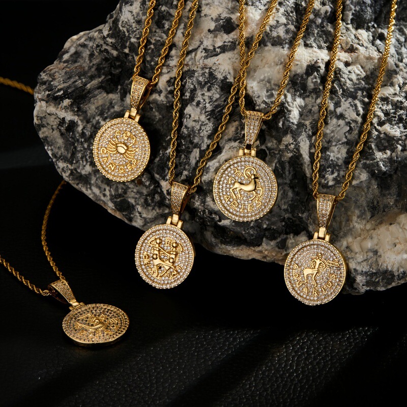 European and American Street Style Twelve Zodiac Sign Necklace, Unisex, Copper Zircon Full Diamond Twist Chain, Personalized Trendy Brand Accessory