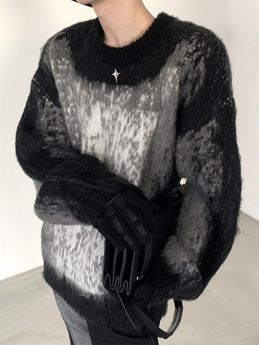 American niche design sense thick tie-dye deer plush sweater for men and women, round neck color-blocking lazy style sweater top trendy