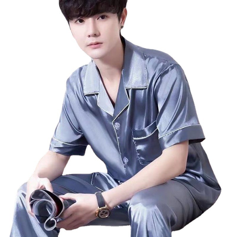 Pijamas de los hombres de seda de hielo de verano Pantalones de manga corta cardigan seda artificial elegante de alta gama desgaste del hogar traje suelto hombres