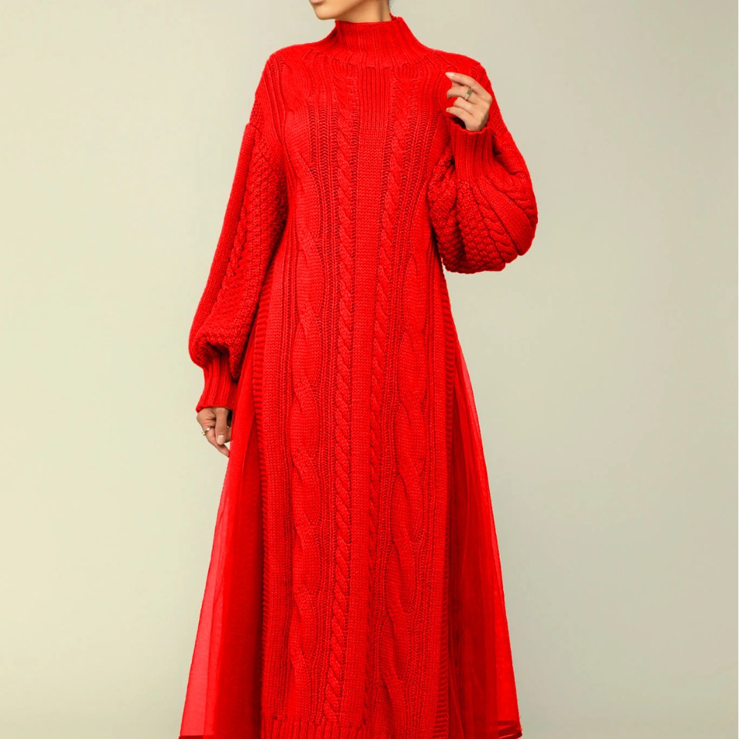 Vêtements pour femmes mode féminine couleur unie manches lanterne col montant jupe tricotée pull jupe robe costume deux pièces_voghion.com