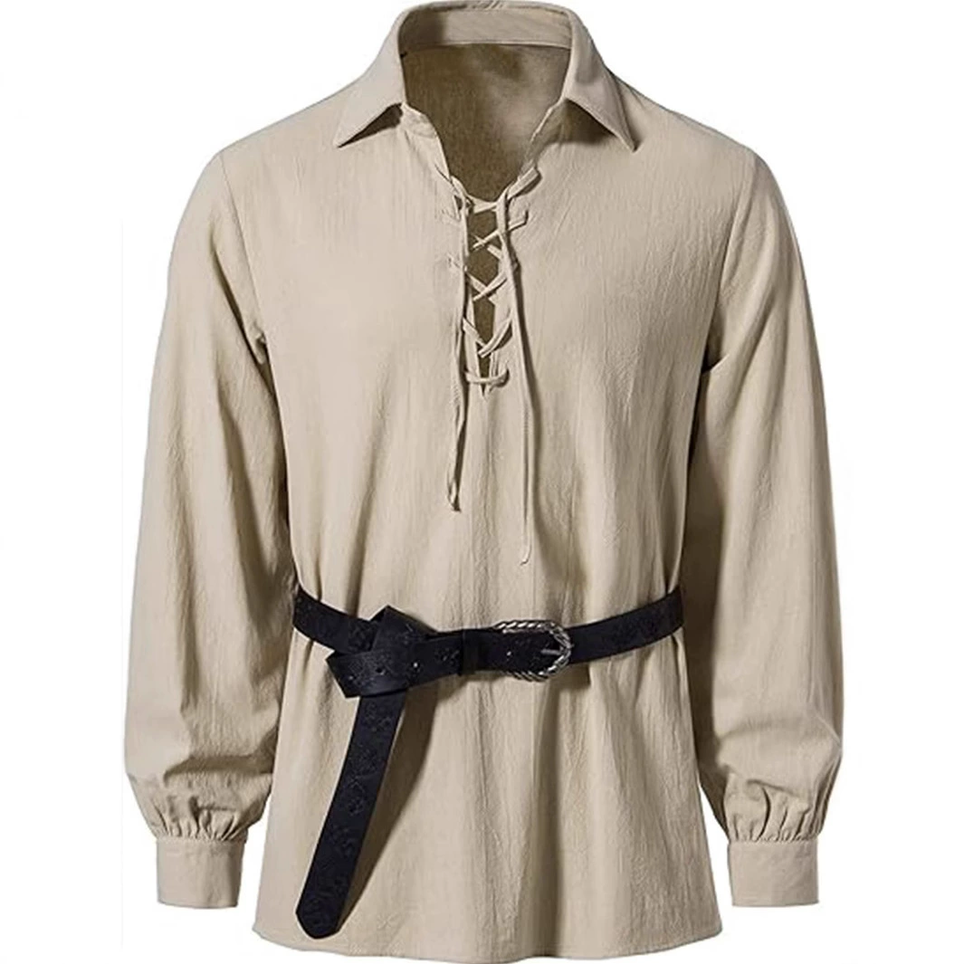 Мужская модная рубашка в стиле хиппи с длинным рукавом, на завязках, с лацканами, европейский размер, весна-лето 2025, Amazon.