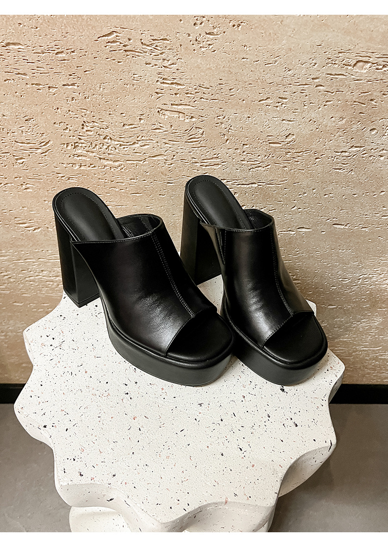 Sandal cao gót nữ mũi hở đế platform da bò thật gót siêu cao 12 cm — màu đen, màu trắng ngà chi tiết 18