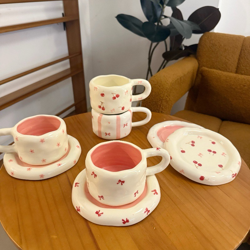 Ins estilo coreano mano irregular cerámica tazas de café y platos pintados a mano gordo tazas y platos ventas transfronterizas