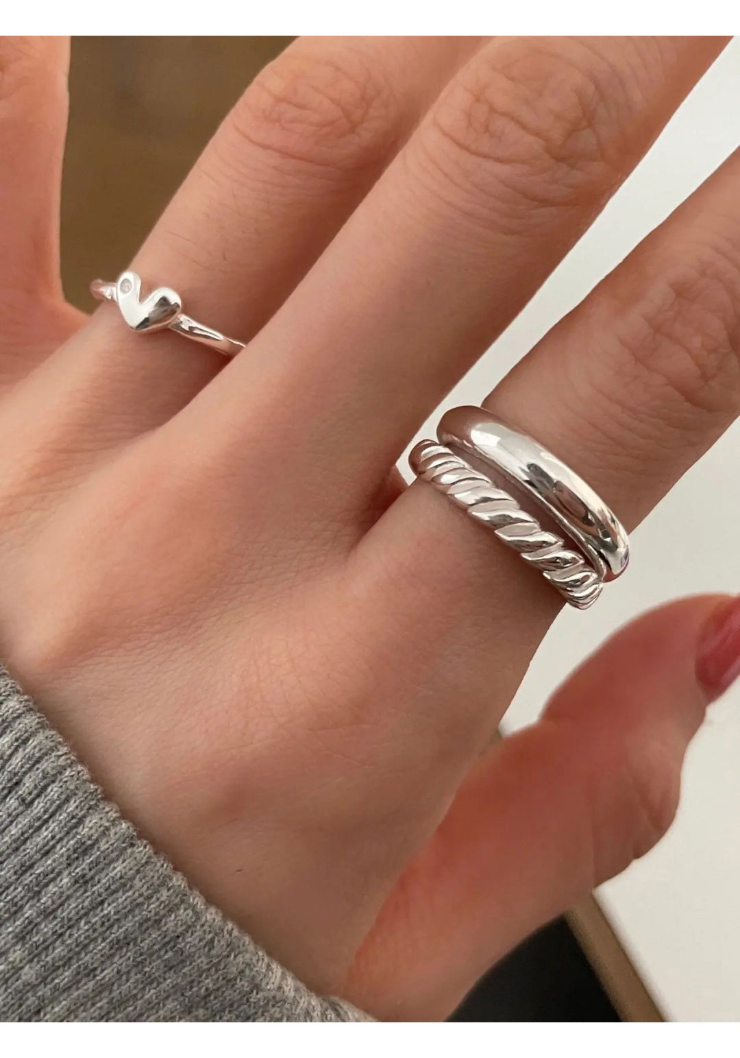 Bague cœur en argent sterling double couche design coréen_voghion.com