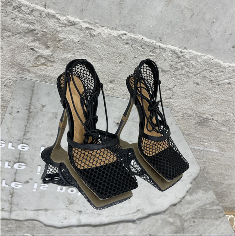 2025 Summer Foreign Trade New Large Size Women's Shoes Breathable Mesh Lace-Up Thin Heel Square Toe Hollow High Heels Wholesale