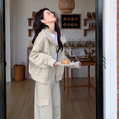 卡其色休闲运动服卫衣套装两件套女春秋一整套穿搭时尚洋气超好看