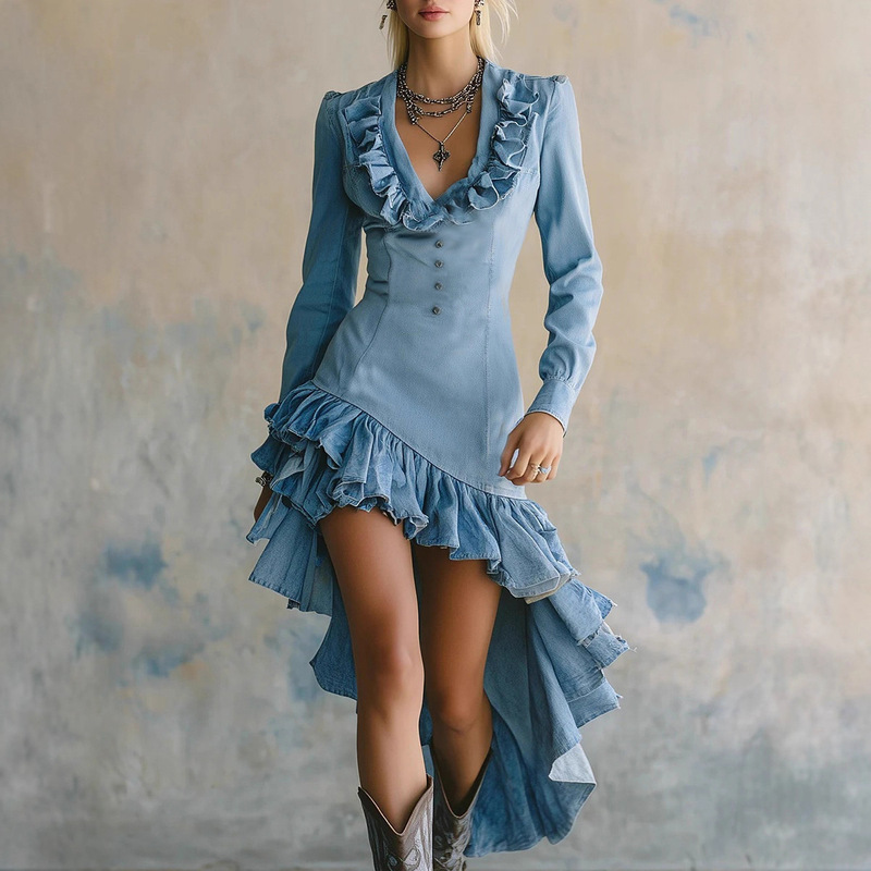 Amazon Cross-Border European Code Women's Retro Western Pastoral Style Ruffled No-Wash Denim Dress