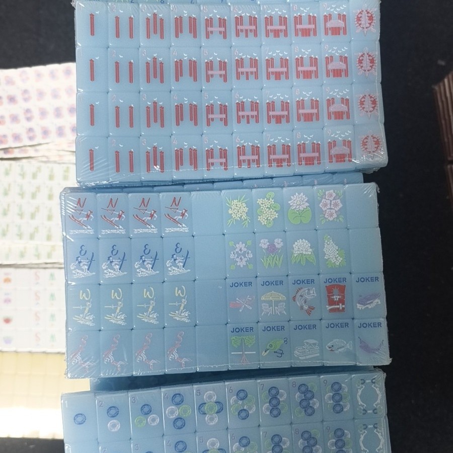Single-Layer Light Blue Double-Engraved Pink Turtle American-Style Mahjong Wholesale in Stock, American Light Blue Mahjong Set, Acrylic