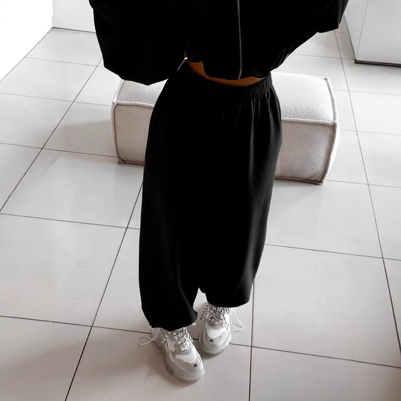 跨境休闲欧美女士套装纯色长袖拉链连帽开衫松紧阔腿收脚裤二件套|undefined