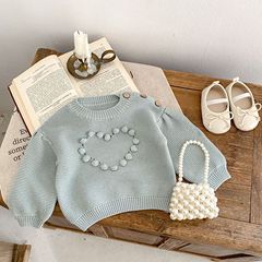 2023 New Autumn Clothes for Infants and Girls Sweet Handmade Ball Knitted Love Hollow Pullover Top