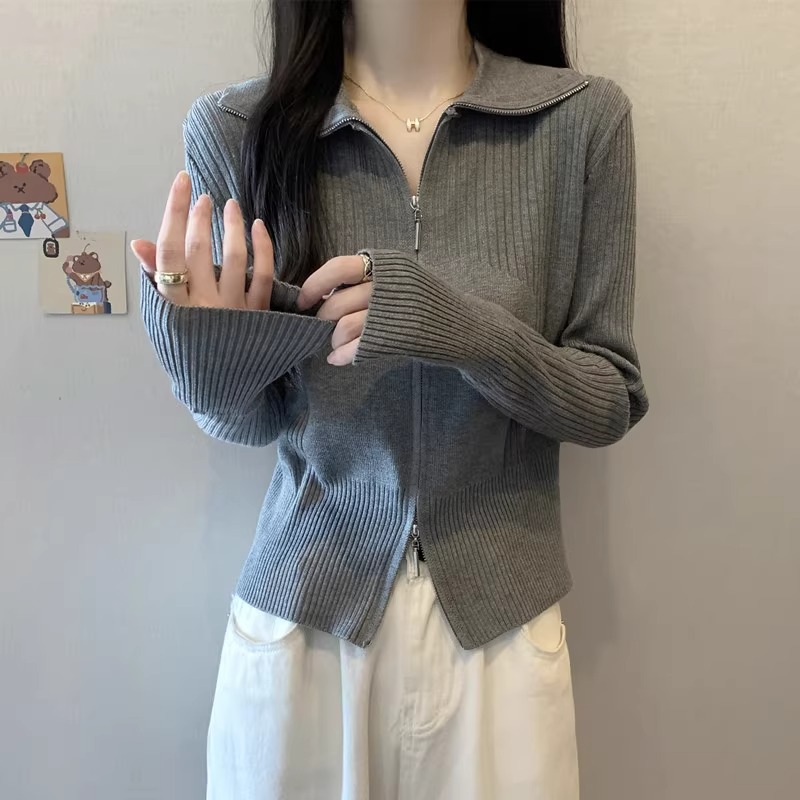 大码女装双拉链polo领针织内搭打底衫春秋毛衣胖mm显瘦不规则上衣