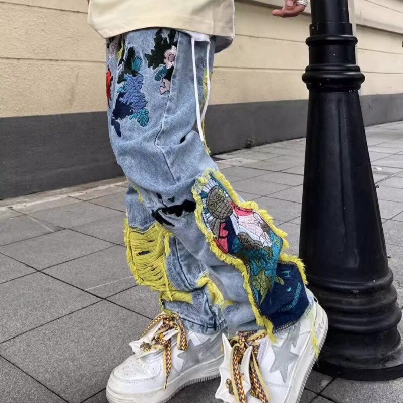 アメリカン香港スタイルオリジナルアメリカンストリートヘビーデニム刺繍リップドジーンズ男性と女性のための2023新しい起毛ロングパンツ|undefined