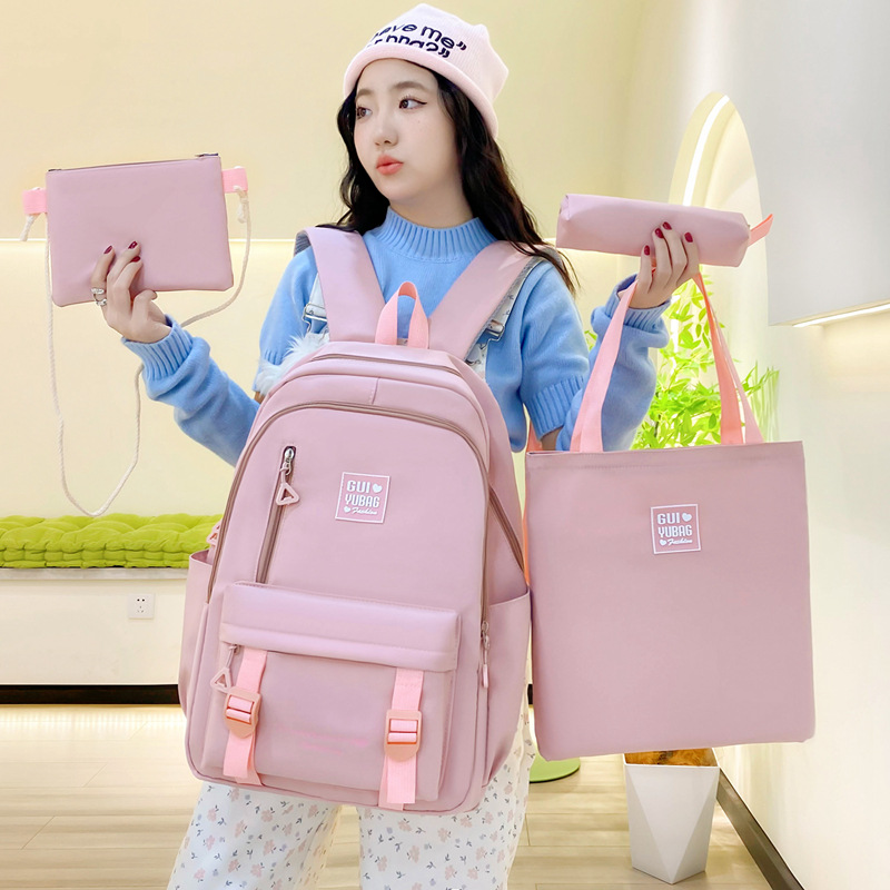 Kids Backpacks New Style Student Schoolbag Solid Color Simple Backpack Female Large Capacity Student Four Piece Set Multifunctional Schoolbag Handbag_voghion.com