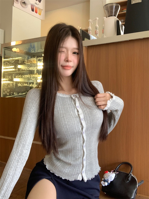 小个子短款蕾丝花边圆领长袖针织衫上衣女装修身显瘦开衫毛衣秋季|undefined