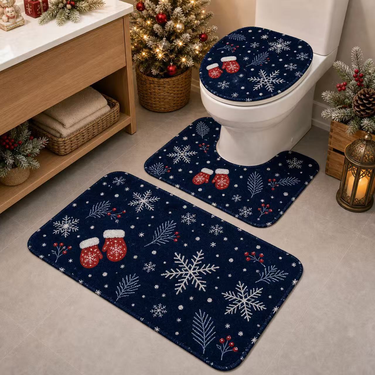 Cross-border TEMU Christmas new diatomite floor mat set of three for bathroom, toilet, water-absorbent and non-slip toilet mat