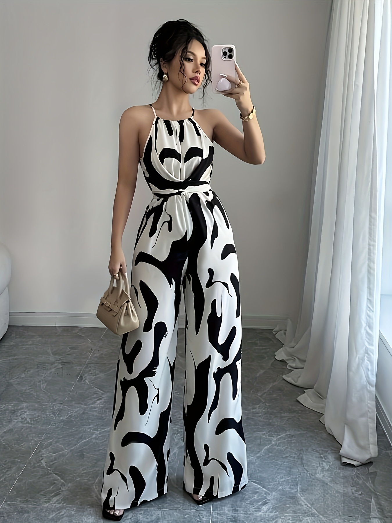 Damen Jumpsuit Mit Milch Muster Druck Halfter Ausschnitt Schwarz_voghion.com