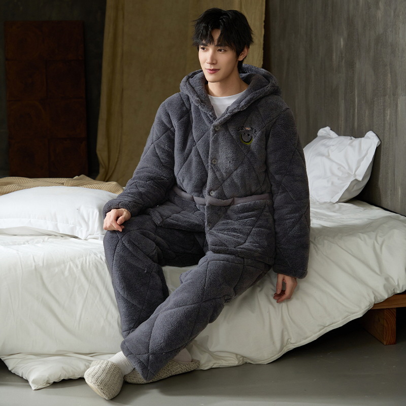 Pijama de hombre para hombre 2024 invierno encapuchado tres capas de algodón intercalado de mangas largas con camisa gruesa se puede usar en el exterior conjunto de ropa de casa