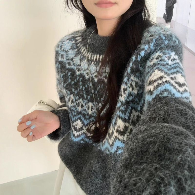 蓝色费尔岛毛衣女小个子加厚秋冬内搭可外穿慵懒风高级感独特漂亮|undefined