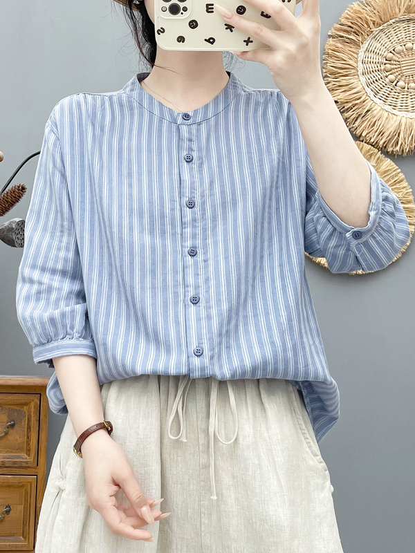 Double-Layer Cotton Gauze Stand-Collar Striped Shirt for Women, Summer Export Japanese Style, High-Quality Soft Pure Cotton Half-Sleeve Top