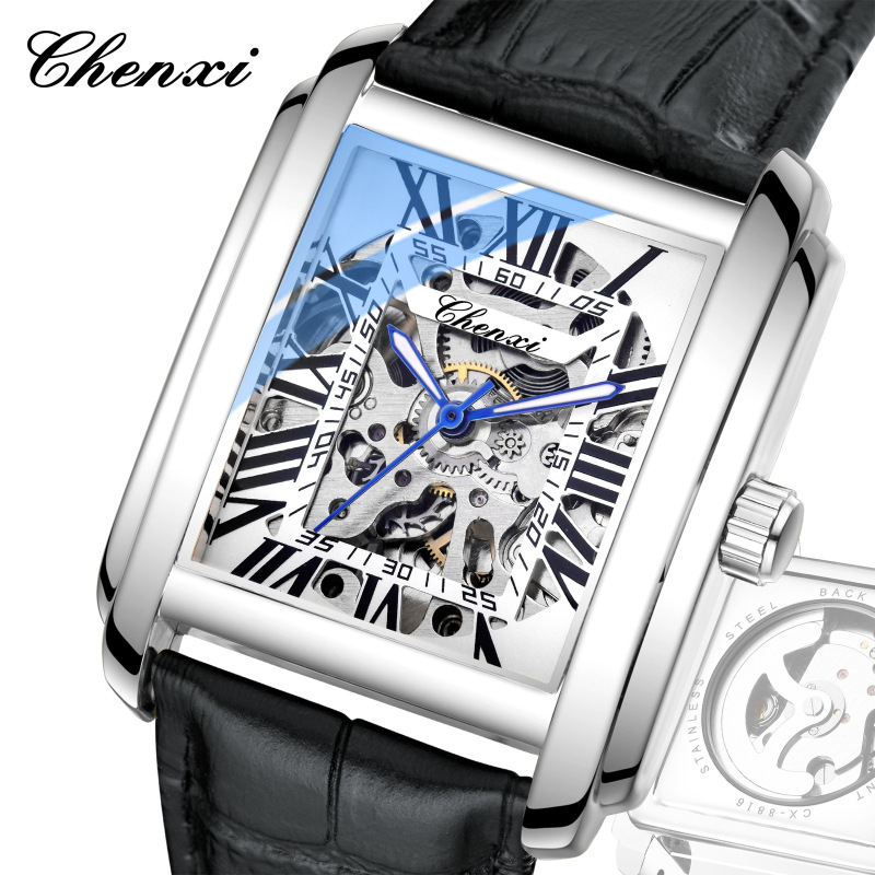 CHENXI TikTok Live Explosions Square Hollow Mechanical Watch Men's Leather Waterproof Automatic Mechanical Watch CHENXI TikTok Live Explosions Square Hollow Mechanical Watch Men's Leather Waterproof Automatic Mechanical Watch