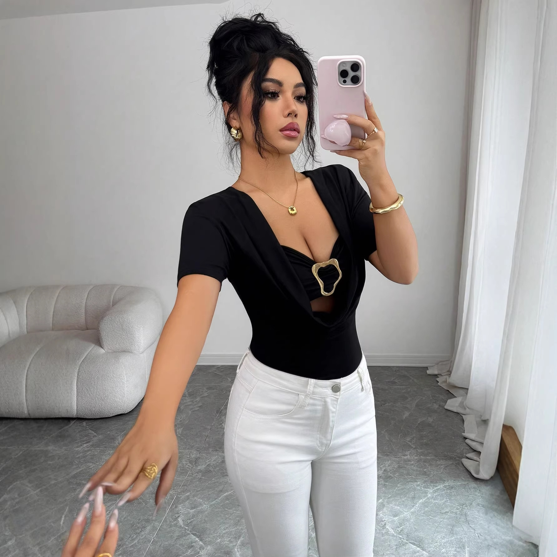 Women's Solid Color Duffle Neck Top With Metal Buckle Faux Two Piece Short Sleeved Trendy Hot Girl_ecoleips.com