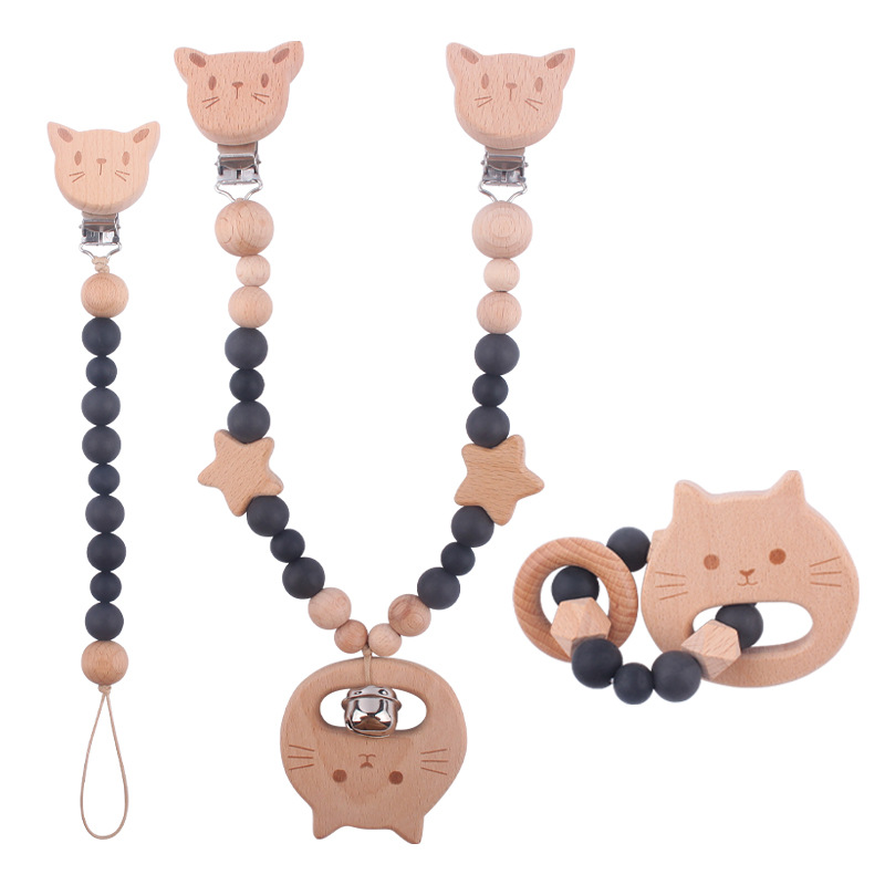 Nuevo bebé de dibujos animados de haya animal chupete clip calmante bebé mordida chupete cadena coche colgando mordedor conjunto de tres piezas