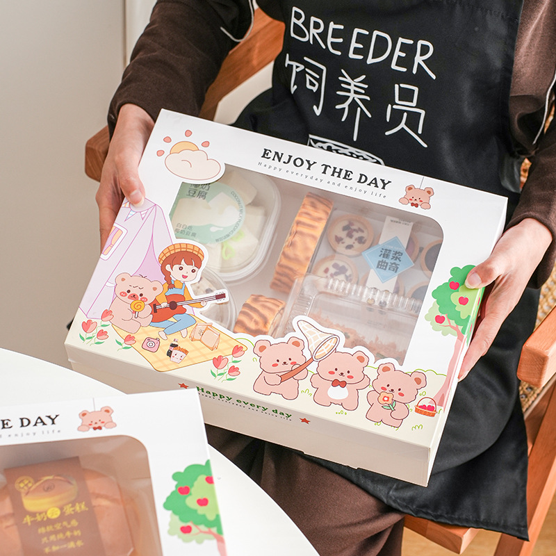 Caja de picnic infantil desechable con cubierta caja de pasteles dulces en línea caja de ensalada de frutas dibujos animados