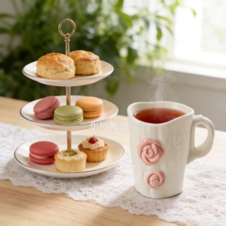 跨境定制浮雕玫瑰花陶瓷水杯咖啡杯出口定制手绘精美玫瑰花陶瓷杯