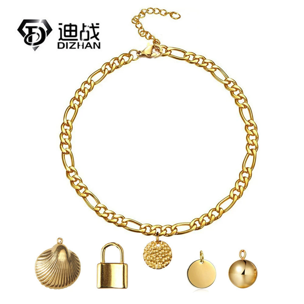 Новый популярный панк-стиль из нержавеющей стали корпус Замок Bump монета круглый брендовый Круглый Кулон из бусин Figaro ножной браслет