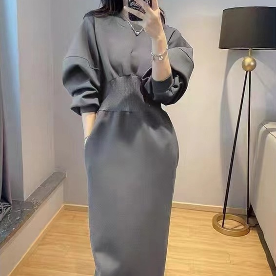 High-End French Hepburn Style Sweatshirt Dress for Women 2023 Autum Elegant Waist Slit Hip Skirt
