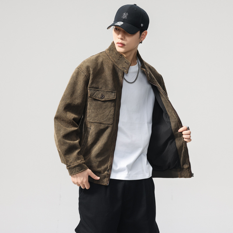 American retro distressed waxed leather jacket for men, spring 2026 new trendy brand, loose-fitting American casual workwear jacket American retro distressed waxed leather jacket for men, spring 2026 new trendy brand, loose-fitting American casual workwear jacket