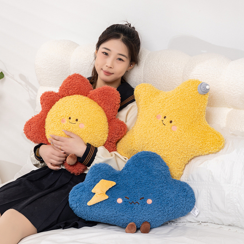 Arco iris luna sol estrellas almohada lindo sofá cojín regalo juguetes de peluche emoticona divertida al por mayor