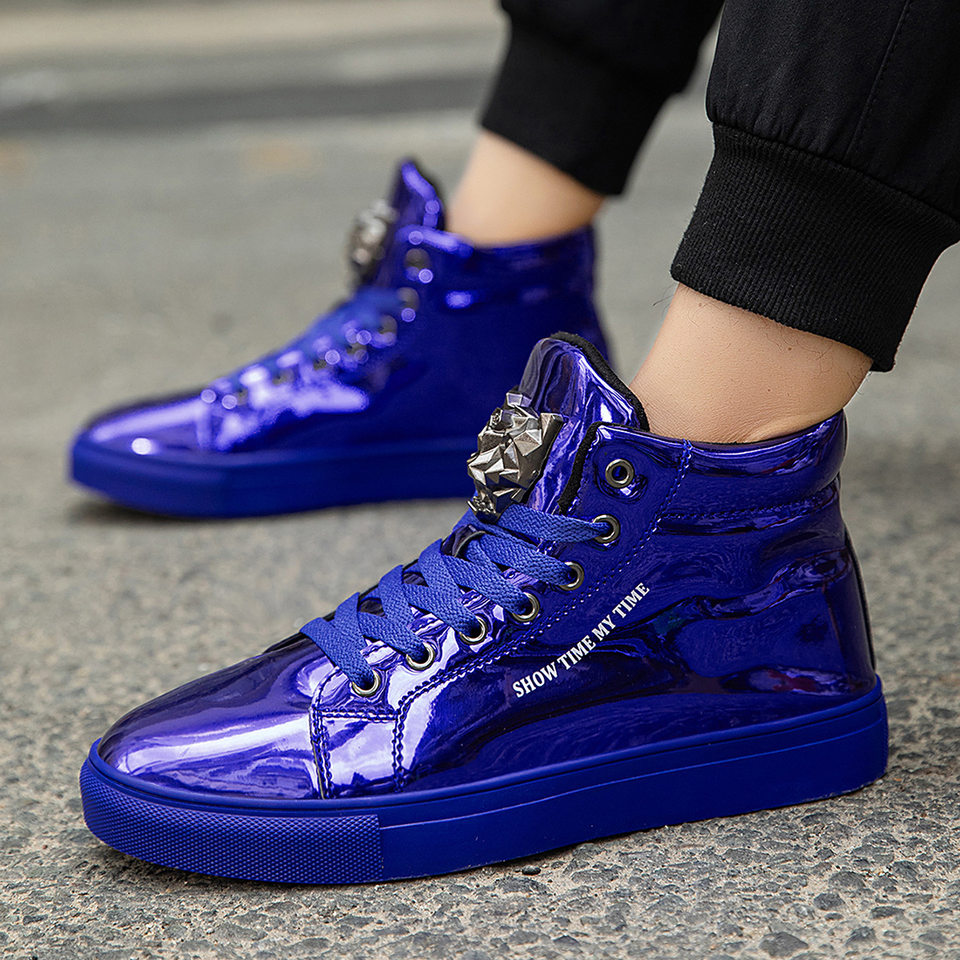 Giày sneaker nam cổ cao da bóng phong cách Hàn Quốc, giày thể thao thời trang cá tính — Bạc, màu xanh, màu đen, màu đỏ chi tiết 4
