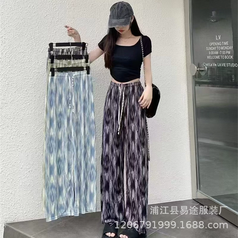 2024 летний новый стиль штаны с галстуком повседневные юбки большие ноги широкие брюки среднего и пожилого возраста мамы брюки фабрики оптом