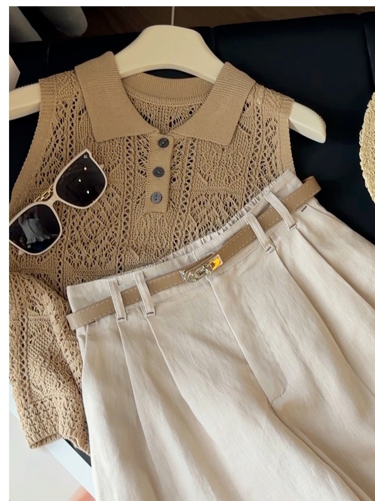 Quần short nữ ống rộng cạp cao chất liệu cotton pha linen phong cách lão tiền phong — Tiền cũ chi tiết 4