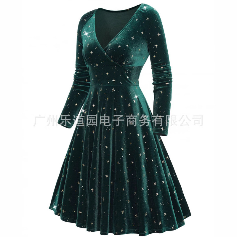 Decorated with Star Print, Wrap-Front Elastic Shoulder Velvet Long-Sleeve Dress with Three-Dimensional Embellishments, European and American Style, Elegant