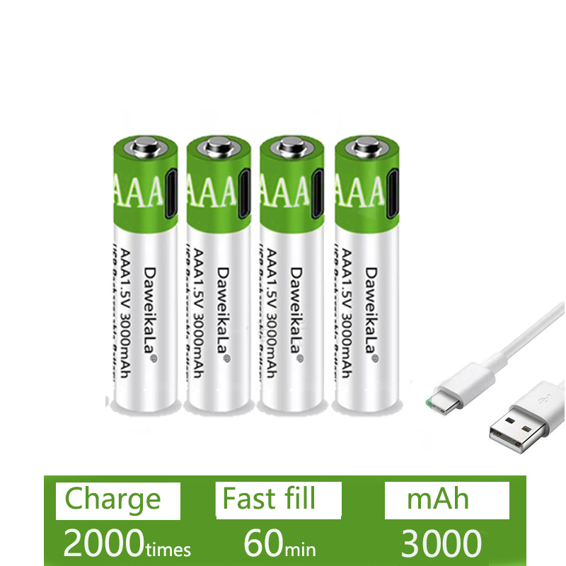 Daweikala USB AAA batería recargable 1.5V 3000mAh control remoto batería de iones de litio eléctrica